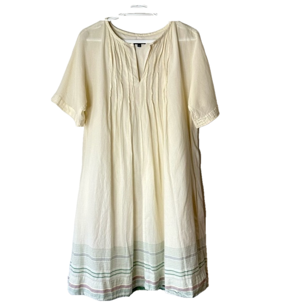 Gap Pintuck Beige Cotton A Line Dress Boho Lined Striped Hem Pockets Size 12